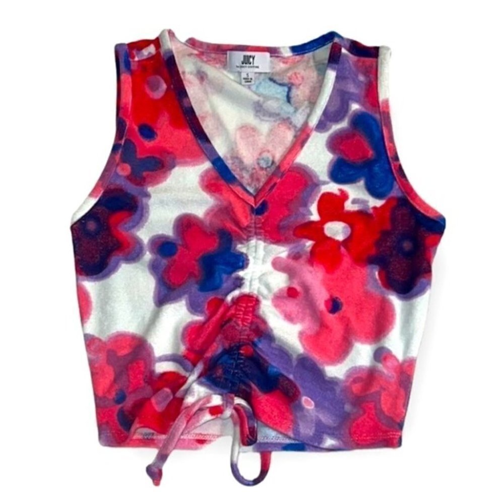 𝅺juicy Couture tie dye all over  floral tie up sleeveless top size small